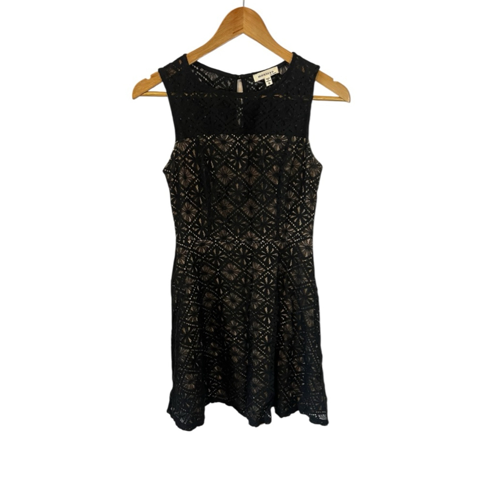 Women's Monteau Black & Beige Lace Mini Dress S Sleeveless